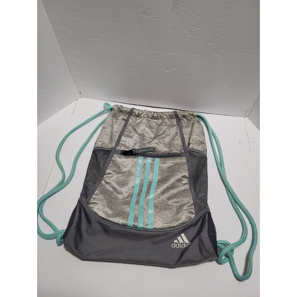 Adidas Gray & Mint Drawstring Medium Sized Sackpack Bookbag Backpack Pockets